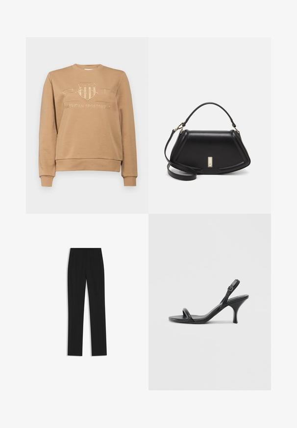 GANT TONAL SHIELD C NECK - Sweatshirt - caramel beige; Black tailored trousers with a straight-leg design, featuring front pockets and a smooth, textured fabric. Neat, minimal detailing.; Black leather high-heeled sandals with a slim, curved heel and a crossed strap design. Adjustable ankle strap. Smooth texture.; Black leather handbag with a structured design, featuring a cropped shape, top handle, and gold hardware accent. Adjustable shoulder strap included.