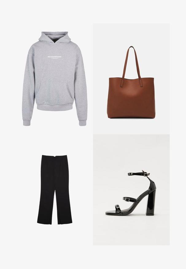 Hoodie harmaa huppari, jossa on etutasku ja rinnassa valkoinen painettu teksti "METAMORPHOSIS". Puuvillasekoitemateriaalia, ribbaatut hihansuut.; Mustat housut suoralinjaisella leikkauksella, joissa on etutaskut ja sivurei'ät helman alla. Valmistettu pehmeästä ja sileästä kankaasta. Sopii eri tilaisuuksiin.; Musta kiiltävä korkokenkä sandaalit neliönmuotoisella varpaalla, nilkkaremmillä ja hopeisilla soljilla. Varustettu tukevalla lohkokorkealla vakauden takaamiseksi.; Ruskea nahkainen olkalaukku, jossa on sileä pinta, avoin yläosa ja kaksi olkahihnaa. Omaavat vain minimaalisen ompelun eikä näkyvää metalliosaa.