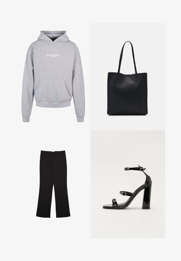 Grå huvtröja med en framficka, prydd med vittryckt text "METAMORPHOSIS" på bröstet. Material av bomullsblandning, ribbade muddar.; Svarta byxor med rak passform, utrustade med framfickor och sidoklyvningar vid fållen. Tillverkade av mjukt, slätt tyg. Lämpliga för olika tillfällen.; Svarta lackerade klacksandaler med fyrkantig tå, ankelremmar och silverfärgade spännen. Har en kraftig blockklack för stabilitet.; Svart lädertoffelväska med slät textur, rektangulär form och två långa handtag. Ingen synlig hårdvara eller dekorationer.