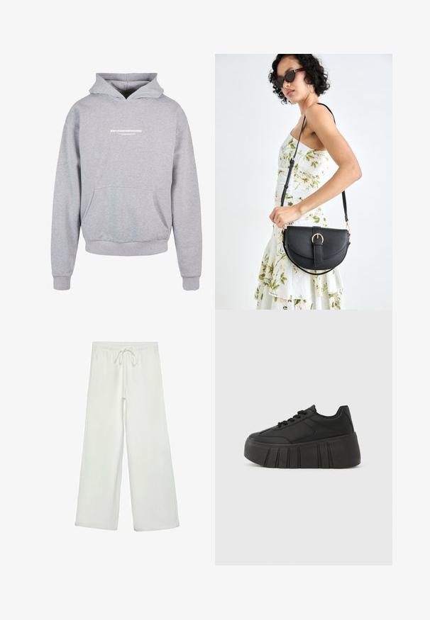 Hoodie harmaa huppari, jossa on etutasku ja rinnassa valkoinen painettu teksti "METAMORPHOSIS". Puuvillasekoitemateriaalia, ribbaatut hihansuut.; Valkoiset leveälahkeiset housut pehmeästä kankaasta. Varustettu joustavalla vyötäröllä ja nyörillä sekä sileällä pinnalla. Ei näkyviä kuvioita tai tarvikkeita.; Musta platfrom-tyyliset lenkkarit, joissa on sileä synteettinen päällinen, pyöristetty kärki, nauhallinen malli sekä paksu, uurrettu pohja lisäämään korkeutta.; Musta nahkainen käsilaukku, joka on kaareva muotoilultaan, irrotettavalla hihnalla ja kultaisilla yksityiskohdilla. Laukussa on läppä, jossa on solk yksityiskohta.