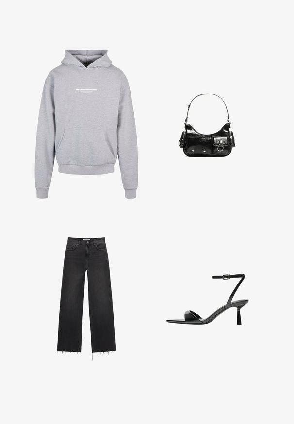 Sweatshirt à capuche gris avec une poche avant, arborant un texte imprimé en blanc "MÉTAMORPHOSE" sur la poitrine. Matière en mélange de coton, poignets côtelés.; Jeans en denim noir à taille haute et jambes larges avec ourlet effiloché, design à cinq poches et fermeture à bouton. Texture lisse avec une finition délavée.; Bershka Sandales à talons hauts - black; Sac à main en cuir verni noir avec une forme incurvée, une bandoulière, des poches avant et des accents en métal argenté.