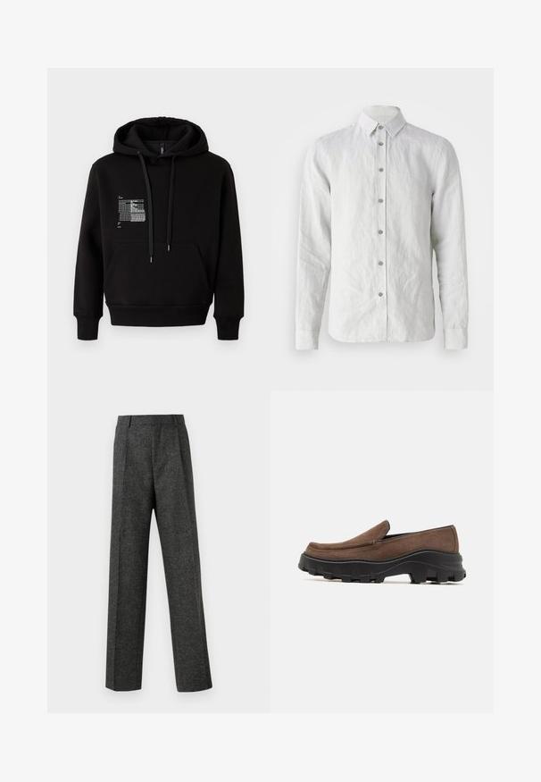 Crna dukserica s kapuljačom, napravljena od mekanog mješavine pamuka, sa prednjim džepom, vezicama i reflektirajućim grafičkim dizajnom na lijevoj strani prsnog koša.; Bijela pamučna košulja dugih rukava s oštrim ovratnikom, sa sedam dugmadi sprijeda i blago teksturiranom tkaninom.; Sive prilagođene hlače od teksturiranog materijala, s dva prednja nabora i ravnim krojem. Nema vidljivih džepova ili ukrasa.; Smeđe suède cipele bez kopčanja s debelim crnim gumastim potplatom koji ima izražene obrasce za prianjanje i glatkim, zaobljenim vrhom.