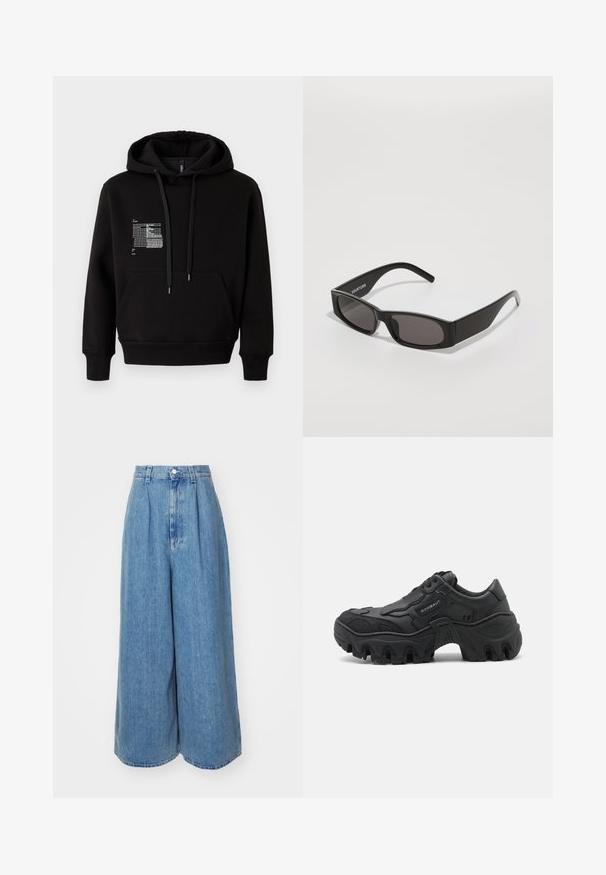 Black hooded sweatshirt made of soft cotton blend, featuring a front pocket, drawstrings, and reflective graphic design on the left chest.; Light blue denim culottes with a high waist, wide legs, front pleats, and a single button closure. Soft texture with a clean finish.; Black chunky sneaker with thick lug sole, textured side overlays, lace-up front, and brand name "ROMBAUT" on the side panel.; Black rectangular sunglasses with dark lenses, a smooth plastic frame, and a subtle logo on the left arm. Minimalist design.