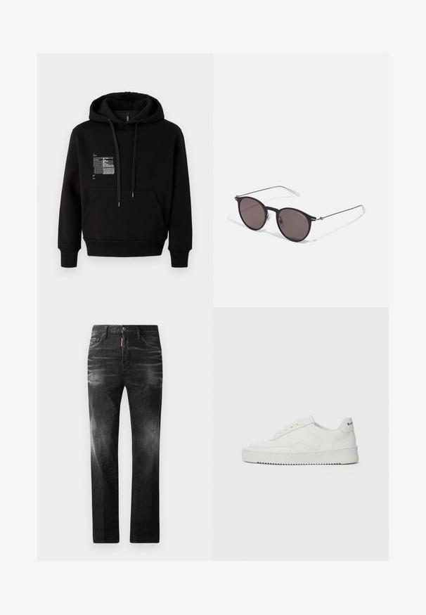 Schwarzer Kapuzensweatshirt aus weichem Baumwollmix, mit einer Vordertasche, Kordeln und reflektierendem Grafikdesign auf der linken Brust.; Schwarze Jeans aus Denim mit geradem Schnitt. Verfügt über ausgebleichte Bereiche, leichte Abnutzung, klassisches Fünf-Taschen-Design und einen Knopfverschluss.; Weiße Ledersneaker mit glatter Oberfläche, runder Zehenpartie, flachen Schnürsenkeln und strukturiertem Sohlenprofil. Mit einem dezenten Logo an der Ferse.; Schwarze runde Sonnenbrille mit dunklen Gläsern und schlanken Metallbügeln. Enthält klare Tempelspitzen und silberne Akzente am Scharnier. Minimalistisches Design.
