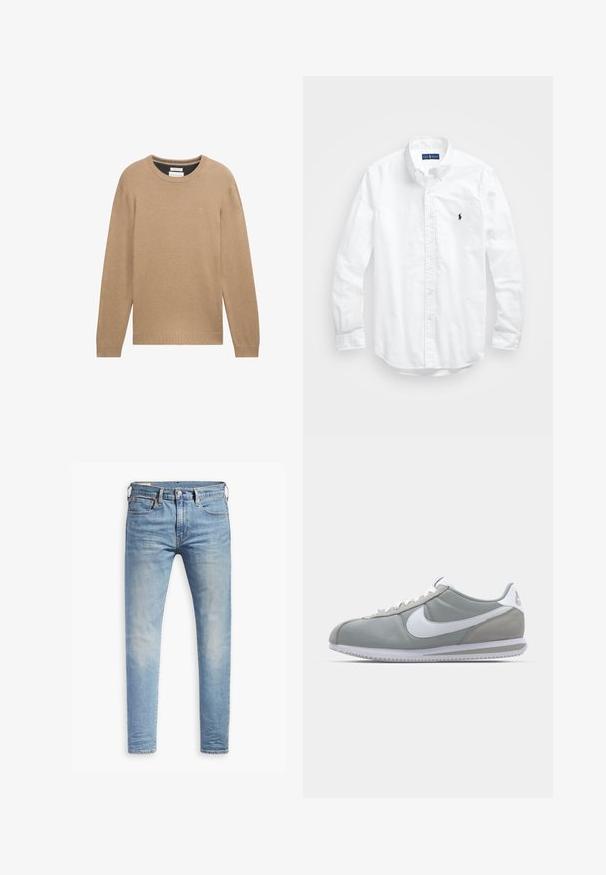 Maglione beige a maglia con colletto rotondo, maniche lunghe e polsini e orlo a costine. Presenta un piccolo logo sul petto.; Camicia bianca a maniche lunghe con bottoni in cotone. Presenta un colletto classico, polsini a bottone e un piccolo logo ricamato in blu navy sul petto.; Jeans slim fit blu chiaro con leggere sfumature sulle cosce, chiusura con bottone anteriore, passanti per cintura e cinque tasche su uno sfondo bianco.; Scarpa sportiva grigia con tomaia in camoscio e tessuto, swoosh Nike bianco e lacci bianchi. Presenta una suola in gomma testurizzata e un collare imbottito.