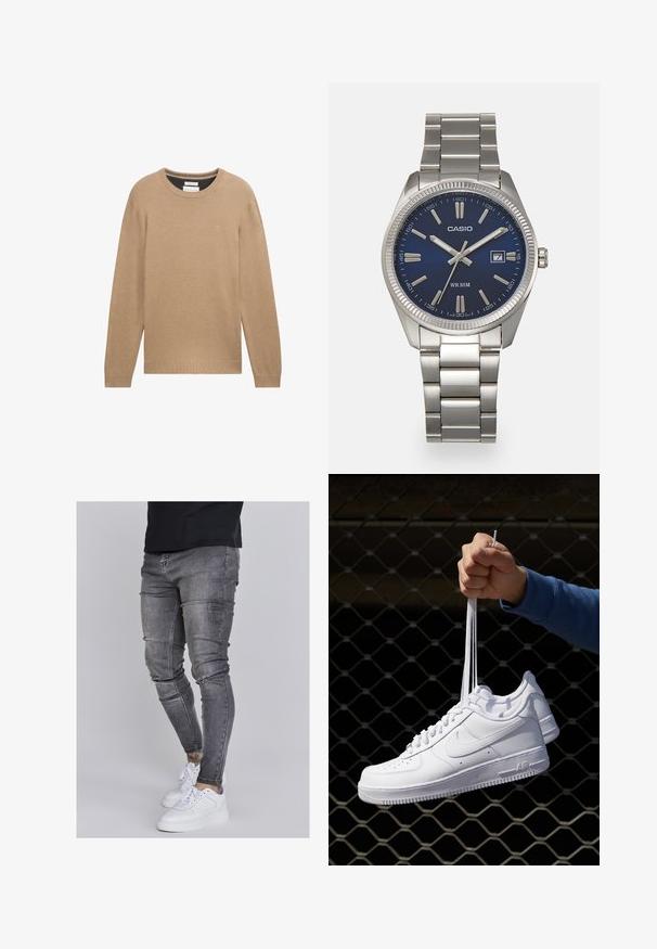 Beige knit sweater with a round neck, long sleeves, and ribbed cuffs and hem. Features a small logo on the chest.; Skinny jeans in faded gray denim, featuring distressed details at the knees, paired with white sneakers. Smooth texture, slim fit design.; White leather sneakers with perforations, round toe, flat sole, and thick laces, featuring a visible swoosh logo and "AIR" on the heel.; Silver stainless steel wristwatch with a navy blue dial, metallic hour markers, and a date window at 3 o'clock. Water-resistant to 50 meters.