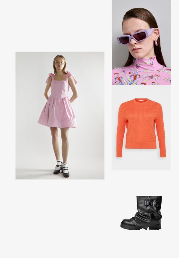 Pomarańczowy sweter z dzianiny o teksturowanym wzorze w wafle, okrągłym dekolcie i długich rękawach. Mały detal logo na klatce piersiowej.; Różowa bawełniana sukienka z kwadratowym dekoltem, marszczoną spódnicą i wiązanymi ramiączkami. Połączona z czarnymi butami Mary Jane i białymi skarpetkami z falbankami.; Czarne skórzane botki do kostki z luźnym fasonem, kwadratowym noskiem i boczną sprzączką. Gruba podeszwa zapewnia dodatkową wysokość i stabilność.; Fioletowe prostokątne okulary przeciwsłoneczne z ciemnymi soczewkami, noszone z różowym swetrem z podwyższonym kołnierzem, zdobionym kwiecistymi wzorami i jaskrawymi akcentami.; Różowa torebka z lakierowanej skóry o prostokątnym kształcie, z odpinanym łańcuchem i srebrnymi detalami z przodu.