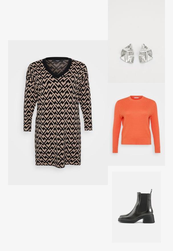 Oranžna pletena jopica z teksturiranim, vafeljastim vzorcem, okroglim izrezom in dolgimi rokavi. Majhna logotipna podrobnost na prsih.; Pletena obleka z V-izrezom, dolgimi rokavi in zigzag vzorcem v črni in bež barvi, z mehko teksturo in sproščenim krojem.; Črne usnjene gležnjarje z gladko površino, elastičnimi stranskimi paneli in masivnim petami. Imajo praktično zanko za lažje obuvanje.; Črna usnjena torbica z gladko teksturo. Ima nastavljiv trak in eleganten, minimalističen dizajn z zadrgo.; Srebrni kovinski uhani z valovitim, skulpturalnim dizajnom, ki se ponašajo s poliranim zaključkom in nerednimi oblikami, kar poudarja sodobno estetiko.