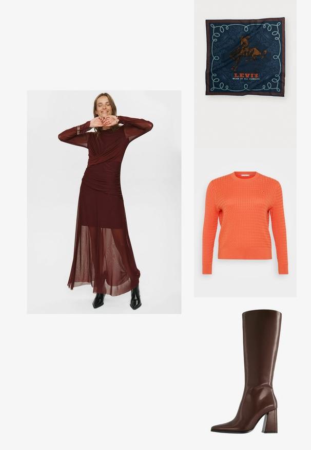 Narancssárga, kötött pulóver texturált, gofri mintával, kerek nyakkal és hosszú ujjal. Kicsi logó részlet a mellkason.; Hosszú bordó ruha áttetsző és sima anyagból, melynek részét képezi egy körbefonott dekoltázs, redőzött részletek és áttetsző hosszú ujjak.; Barna, térd fölé érő bőr csizma hegyes orral és tömör, átlátszó sarokkal. Simák a felülete, minimalista részletezéssel.; Tengerészkék selyemsál, amelyen egy barna lóherepű grafika, díszes kék kötélminta található, és a „LEVI’S MINDEN KOVBOY ÁLTAL HORDVA” felirat piros színben.; Barna velúr kézitáska két erős füllel, téglalap alakú, és dekoratív pánt részlet a fronton.