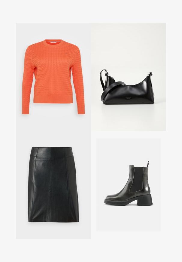 Oranžna pletena jopica z teksturiranim, vafeljastim vzorcem, okroglim izrezom in dolgimi rokavi. Majhna logotipna podrobnost na prsih.; Svetlo bež srajca z dolgimi rokavi, narejena iz rebraste tkanine. Ima robove v obliki školjke in rahlo razlite robove na manšetah in robu.; Črna usnjena krilo s prilegajočo zasnovo. Gladka tekstura, šivi, ki obdajajo obliko, in ravna obroba. Minimalističen in eleganten videz.; Črne usnjene gležnjarje z gladko površino, elastičnimi stranskimi paneli in masivnim petami. Imajo praktično zanko za lažje obuvanje.; Črna usnjena torbica z gladko teksturo. Ima nastavljiv trak in eleganten, minimalističen dizajn z zadrgo.; Srebrni kovinski obročasti uhani z brušenjem, s krožno obliko in prozornim zatičem za varno nošenje.