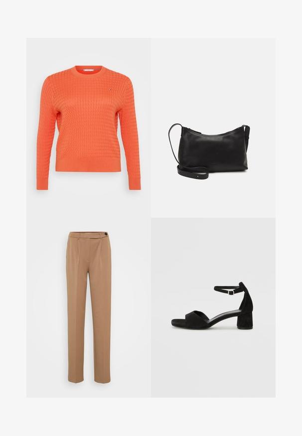 Tumeoranž kudumipusa, millel on tekstureeritud vafli muster, ümmargune kaelus ja pikad varrukad. Rinnal on väike logodetail.; Pruunid kohandatud püksid sirge jala lõikega, millel on üks nööp ja plekiline esiküljeladisain. Sile tekstuur, minimalistlik stiil.; Mustad nahast kontsad avatud varvastega, millel on õhuke pahkluu rihm ja tagasihoidlik plokkkonts. Sile tekstuur ja minimaalsed aksessuaarid.; Mustmust nahk õlakotil on sile tekstuur, kumer kuju, reguleeritav rihm ja lukuga sulgemine. Minimalistlik disain ilma kaunistusteta.; Must maagussõrmus mustast vaigust, mille pind on sile ja läikiv ning servad ümarad. Sisel küljel on väike kullavärvi "Pilgrim" logo.