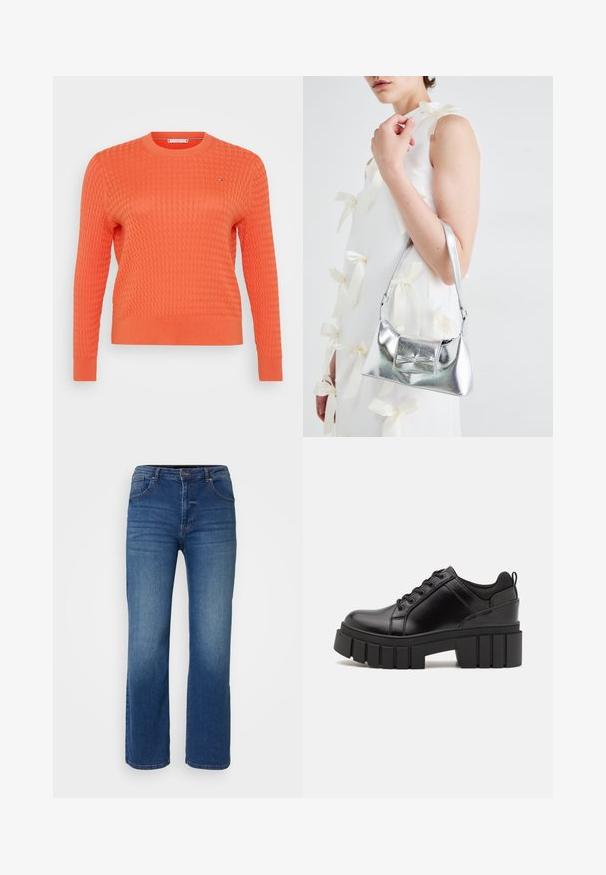 Tumeoranž kudumipusa, millel on tekstureeritud vafli muster, ümmargune kaelus ja pikad varrukad. Rinnal on väike logodetail.; Tumedast sinine denimist teksad otse lõikega, viie-tasku stiiliga ning nööpide ja tõmbluku sulgemisega. Sile tekstuur väikese fading'uga.; Must musta platvormsussid paksu plokkninal, ümmarguse varbaga ja traditsioonilise nööridega kinnitamisega. Sussid on sileda tekstuuriga ja minimaalsete detailidega.; Hõbedane metallik käekott struktureeritud kujuga, millel on ülemine sang ja ettepoole suunatud paeladetail. Sile tekstuur, peegeldav viimistlus.