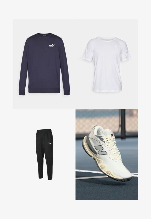 Tengerészes hosszú ujjú pulóver, pamutból készült. Kerek nyakkivágással, bordázott mandzsettákkal és fehér PUMA logóval a mellkason. Simaság jellemzi.; Fehér, rövid ujjú sportpóló sima textúrával. Kerek nyakkivágással rendelkezik, és egy kis logó található világos árnyalatban a bal mellkason.; Fekete sportnadrág sima anyagból, megkötős derékkal, szűkített lábszárral és egy kis fehér Puma logóval a bal oldalon.; Fehér sportcipő textúrált felülettel, szürke kiegészítőkkel és jellegzetes ívelt talppal. Szőtt fűzőkkel és oldalán elhelyezett márkás logóval rendelkezik.
