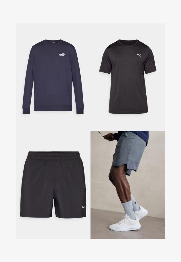 Tengerészes hosszú ujjú pulóver, pamutból készült. Kerek nyakkivágással, bordázott mandzsettákkal és fehér PUMA logóval a mellkason. Simaság jellemzi.; Fekete sportpóló, nedvességet elvezető anyagból, kerek nyakkal és rövid ujjakkal, bal mellen egy kicsi fehér logóval.; Fekete sportnadrág rugalmas derékrészzel, könnyű anyagból készült, a bal oldalon egy kis fehér logóval.; Fehér sportcipők, amelyek texturált hálós felsőrésszel rendelkeznek, világoskék bordázott zoknival, amely logót visel. Szürke sportshortok perforált díszítéssel.
