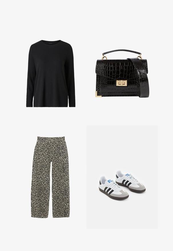 Sort langærmet skjorte lavet af ribbet stof. Har en rund halsudskæring og en afslappet pasform. Simpelt design uden yderligere mønstre eller accenter.; Sort bomuldsstof med glat struktur og rund halsudskæring, prydet med et subtilt, jævnt kornmønster. Ingen synlige logoer eller accenter.; Breddebukser med leopardprint i en neutral beige og sort farveskala. Funktioner inkluderer høj talje, fem lommer og knaplukning.; Sportsko med en overdel i hvid læder, grå ruskind på tåen og tre sorte striber. Har et blåt logo på tungen og en struktureret gummisål.; Sort lakeret håndtaske med krokodillemønster, guldbeslag, en top-håndtag og en aftagelig skulderrem. Firkantet form med klaplukning.