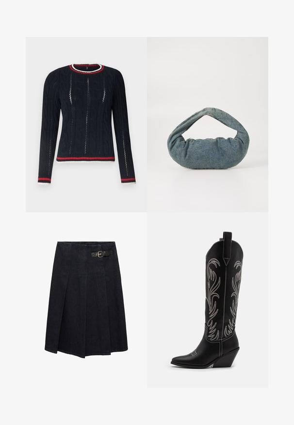 Mornarska pletena pulover z dolgimi rokavi, okroglo ovratnikom ter rdečimi in belimi črtastimi rebrastimi robom in ovratnikom. Ima odprte pletene sekcije.; Temno modra kavbojka krila z oprijetim pasom, podrobnostmi z zaponko na strani, nabranim dizajnom in nekoliko razširjeno silhueto. Šivi po celotni dolžini.; Črne usnjene kavbojske čevlje s koničastimi prsti, klinastimi petami in srebrnimi vezeninami cvetnega vzorca po vsej dolžini. Kontrastno šivanje povsod.; Modra denimska torba s oblazinjeno, zaobljeno obliko in ukrivljenim ročajem. Tekstura je mehka, z vidnimi šivi in gladko površino.