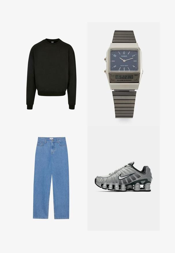 Mustat pyöreäkauluksinen collegepaita, joka on valmistettu puuvillasekoitteisesta kankaasta. Siinä on pitkät hihat sekä resorikainalot ja helma. Yksinkertainen, yksivärinen muotoilu.; Vaaleansiniset farkut suoranleikkauksella, viisi taskua, yksittäinen nappisulku ja huomaamattomat ompeluyksityiskohdat saumoissa.; Harmaa ja musta Nike-juoksukenkä, jossa on näkyvää jousimaista vaimennusta pohjan alla ja valkoinen swoosh-logo sivulla.; Casio digitaalikello, jossa on sininen kellotaulu, hopeinen kuori ja kerroksellinen musta kumihihna. Näyttää ajan ja hälytysasetukset. Vedenkestävä.