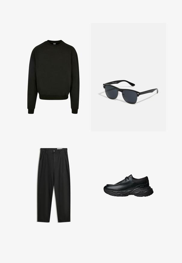Černá mikina s kulatým výstřihem vyrobená z kombinace bavlny, s dlouhými rukávy a žebrovanými manžetami a spodním lemem. Jednoduchý design v jedné barvě.; Černé bavlněné kalhoty s uvolněným střihem, klasickým pasem, předními záhyby a bočními kapsami. Hladká textura bez vzorů.; Černé kožené nazouvací boty s kulatou špičkou a silnou texturovanou gumovou podrážkou. Mají jemné švy a elastické akcenty kolem límce.; Černé sluneční brýle s obdélníkovým tvarem, tmavými skly, stříbrnými akcenty na spáncích a matným povrchem rámu.