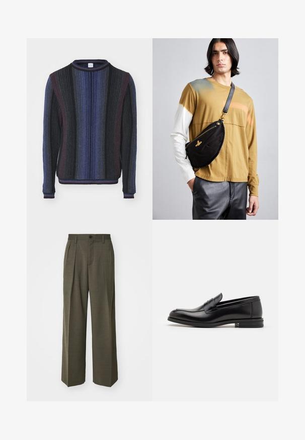 Paul Smith CREW NECK - Jumper - dark blue/multi-coloured; Filippa K WIDE TROUSERS - Trousers - driftwood; Black leather loafers with a smooth texture, rounded toe, and a decorative strap across the vamp. Low stacked heel, minimalist design.; Vivienne Westwood CITY BUMBAG UNISEX - Bum bag - black