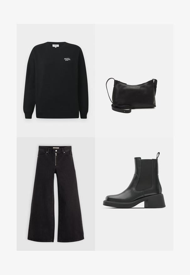 Juodas ilgomis rankovėmis apvalaus kaklo džemperis su mažu baltu „maison kitsuné“ logotipu siuvinėtu kairėje krūtinės pusėje.; Plačios kojų džinsai iš juodo džinsinio audinio su užtrauktuku priekyje, penkių kišenių dizainu ir subtiliais siuvinėjimo akcentais. Lygus paviršius ir laisvalaikio stilius.; Juodos odinės kulkšninių botai su elastinėmis šoninėmis plokštėmis, apvaliu kojų pirštu ir masyviu blokiniu kulnu. Lygus paviršius su minimalistiniu dizainu.; Juodas odinis petinis krepšys su lygiu paviršiumi, išlenkta forma, reguliuojama dirželiu ir užtrauktuku. Minimalistinis dizainas be puošmenų.