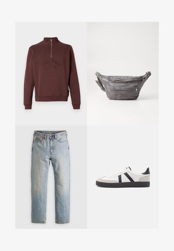 Bordeaux sweatshirt met een hoge kraag en halve rits, voorzien van reliëftekst "ORIGINALS Studio" op de voorkant en geribbelde manchetten.; Lichtblauwe denim jeans met hoge taille, frontknop, rits en vijfzakkenontwerp, plat gelegd op een neutrale achtergrond.; Witte sneaker met zwarte en grijze accenten, voorzien van een grijze neus met textuur, zwarte rubberen zool en platte witte veters. Schoon ontwerp, minimalistische stijl.; Grijze suède heuptas met een ronde vorm, twee met rits afgesloten compartimenten en een verstelbare band. Voorzien van metalen accenten.