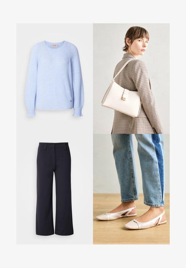 Világoskék kötött pulóver bordázott textúrával, kerek nyakkal és enyhén bővülő ujjal. Az alján egy kis logó díszíti.; Sötét navy színű, bő szárú nadrág. Lapos elülső rész, övhurkok és oldalsó zsebek jellemzik. Az anyag sima, enyhe rugalmassággal rendelkezik.; Világos rózsaszín slingback laposlábú cipők, hegyes orral, sima bőrhatású anyagból készült. Oldalt kivágott részletek találhatók rajta, valamint lapos sarkú.; Fehér bőr táska strukturált dizájnnal, mágneses záródással és vállpánttal, semleges háttér előtt bemutatva.