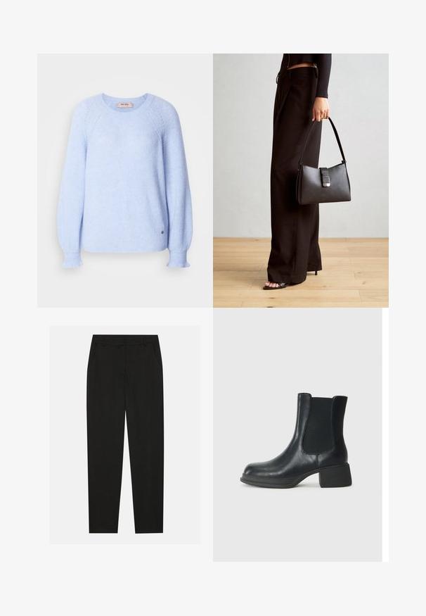 Suéter de malha azul claro com textura canelada, gola redonda e punhos ligeiramente alargados. Apresenta um pequeno logótipo na parte inferior.; Calças pretas com um design ajustado, apresentando bolsos laterais e pernas retas. Feitas de um tecido suave e leve com um acabamento elegante.; Bota de tornozelo em couro preto com painéis laterais elásticos, bico arredondado e um pequeno salto bloco. A superfície tem uma textura suave e um detalhamento mínimo.; Bolsa preta com forma estruturada, textura suave e um fecho metálico. Combinada com calças largas pretas e sandálias de salto aberto sobre um chão de madeira.