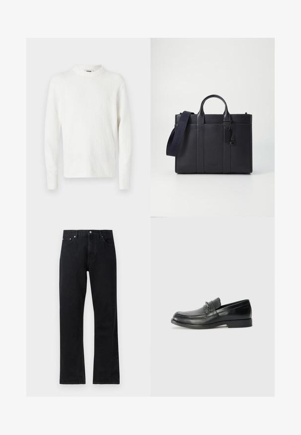 Valkoinen pitkähihaiseen neuleeseen, jossa on pehmeä, teksturoitu pinta ja ribbireunallinen pyöreä pääntie. Yksinkertainen muotoilu, ilman näkyviä kuvioita tai yksityiskohtia.; Mustat deniinit housut suoran lahkeen muotoilulla, joissa on nappisuljenta, viisi taskua ja huomaamattomat ommeltiedot.; Musta nahkasaappaat pyöreällä varvalla, joissa on ommeltu muotoilu, pieni etuhihna varustettuna metallidetaljeilla sekä litteä kumipohja.; Tummansininen nahkainen salkku, jossa on kaksinkertaiset yläkahvat ja irrotettava hihna. Varustettu tekstuuripinnalla, pystysuoralla ompeleella ja logotiedoilla.