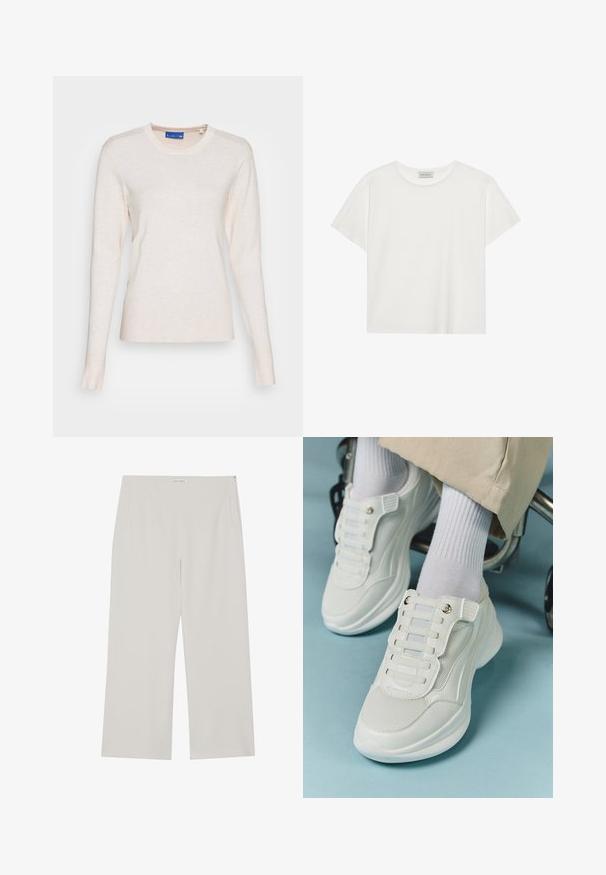 JJXX LARA LS SOFT NOOS - Sweter; Biała koszulka z krótkim rękawem wykonana z miękkiej bawełny. Posiada okrągły dekolt i luźny krój. Czysty design bez widocznych wzorów czy akcentów.; Jasnoszare spodnie typu wide-leg wykonane z gładkiego materiału, z bocznymi kieszeniami i suwakiem z minimalistycznym, czystym wzornictwem.; Białe sneakersy z siateczkowego materiału, gumową podeszwą, bezsznurowym designem z elastycznymi paskami oraz złotymi akcentami.