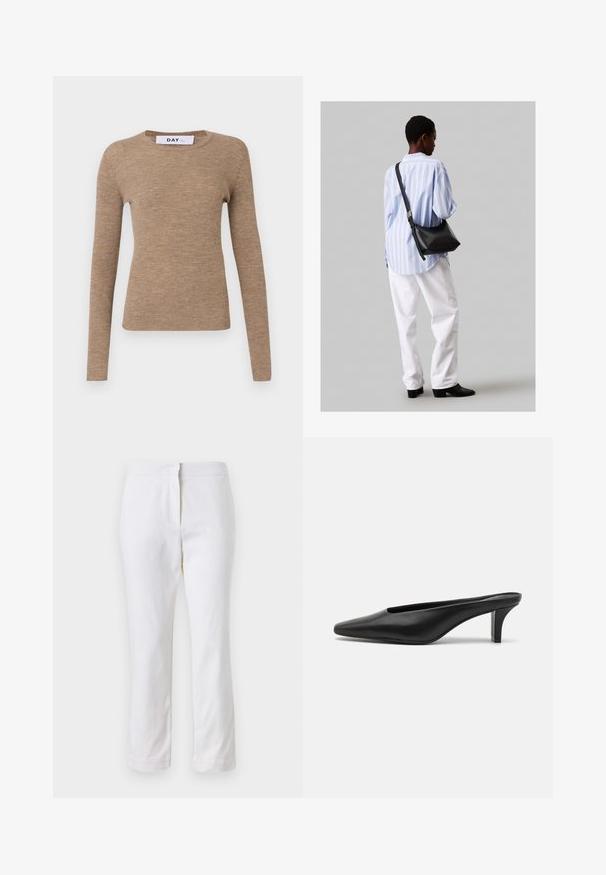 Ribota garais piedurkne tops gaiši brūnā krāsā, izgatavots no mīksta materiāla ar apaļu kakla izgriezumu un pieguļošu dizainu. Uz etiķetes ir norādīts "DAY."; Baltas kokvilnas bikses ar taisnu kāju dizainu, ar vidēju augstumu un bez redzamām detaļām vai rakstiem. Visā virsmā ir gluda tekstūra.; Melnas ādas smailes čības ar zemu stiletto papēdi. Gluda tekstūra, minimālistisks dizains un atvērta aizmugure vieglai uzvilkšanai.; Melna ādas plecu soma ar mīkstu tekstūru, trīsstūra formu un regulējamu siksnu, apvienota ar gaiši zilu svītrotu krekli un baltām biksēm.