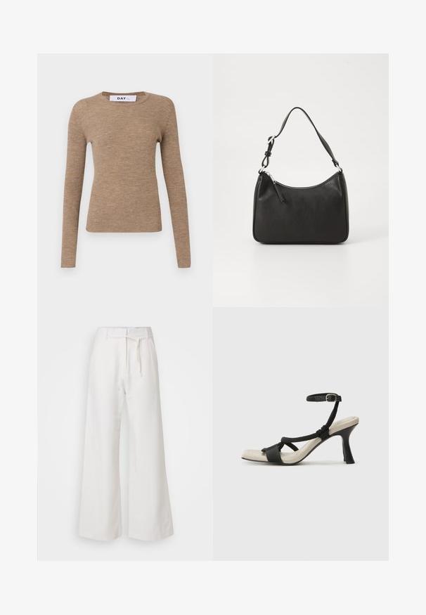 Raštuotas ilgomis rankovėmis viršus šviesiai rudos spalvos, pagamintas iš minkštos medžiagos su apvaliomis kaklo iškirpėmis ir prigludusia forma. Etiketėje užrašyta "DAY."; DAY Birger et Mikkelsen TERRI SOLID - Kelnės - cloud cream; Juodų aukštakulnių sandalų su pintu dirželiu dizainas, kvadratine nosimi ir reguliuojamu kulkšnies dirželiu. Šviesiai bežė padas su blizgiu juodu kulnu.; Juoda odinė rankinė su išlenkta forma, viena dirželiu, užtrauktuko uždarymu ir subtiliu ženklinimu priekyje. Lygus paviršius, minimalistinis dizainas.