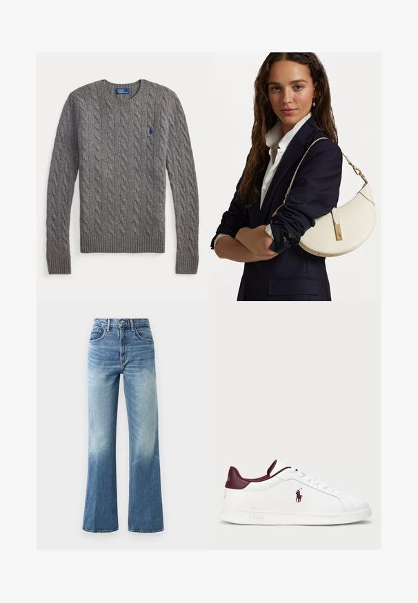 Pelēks džemperis ar adījumu, apaļu izgriezumu, riboto apakšu un garām piedurknēm. Uz krūtīm neliels zilas polokrekla logo.; Tumši zilas denim krekli ar pogām un garām piedurknēm, klasiskā apkakle, kā arī neliela izšūta emblēma uz krūtīm. Iekļautas metāla pogas.; Gaiši zili augstās jostasvietas džinsi, ar plašu kāju griezumu, izbalējušu tekstūru, piecām kabatām un metāla pogu aizdari.; Baltas ādas sporta apavi ar bordo akcentiem, apaļa purngala forma, iegravēts logs un plakani šņores. Strukturēta zole un gluda virsmas apdare.; Balta ādas rokassoma ar izliekumu formu, zelta furnitūru un teksturētu apdari, valkāta pāri tumšam žaketam un baltai krekla.