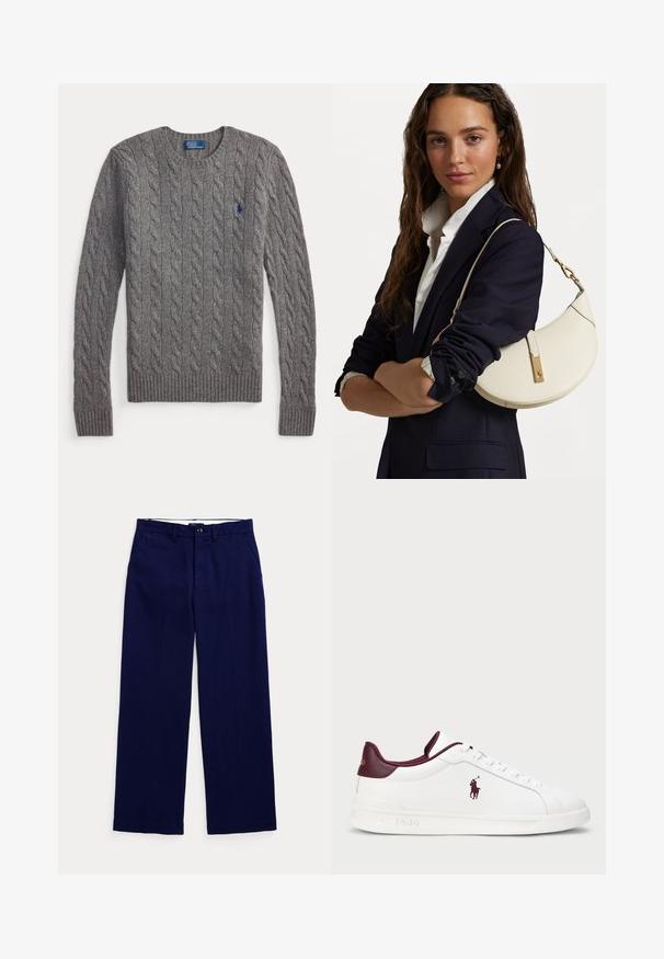 Sivý sveter s káblovým vzorom, okrúhlym výstrihom, rebrovaným lemom a dlhými rukávmi. Na hrudi je malý modrý logo značky Polo.; Námornícky modré nohavice s rovnými nohavicami, pútka na opasok, gombíkovým zapínaním a bočnými vreckami na svetlom pozadí.; Biele kožené tenisky s bordovými akcentmi, okrúhlym špičkou, embosovaným logom a plochými šnúrkami. Textúrovaná podošva a hladké povrchové detaily.; Biely kožený kabelka s zakriveným tvarom, zlatou kovovou výbavou a textúrovaným povrchom, nosená cez tmavý blejzer a bielu košeľu.