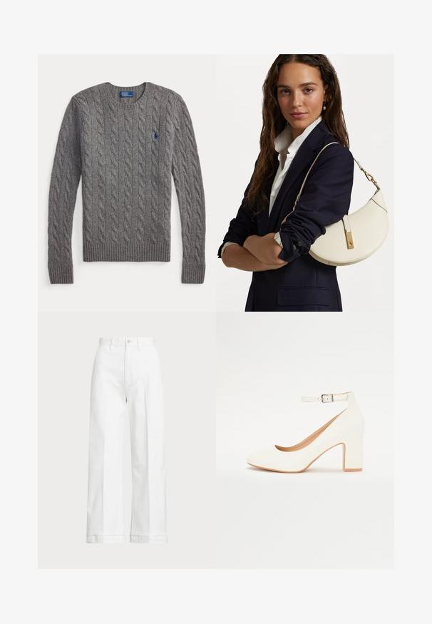 Sivi pulover z vzorcem pletenja kablov, z okrolim izrezom, rebrastim spodnjim robom in dolgimi rokavi. Na prsih majhna modra poloslogova značka.; Bele široke hlače z visokim pasom, ki imajo gumbasto zapiranje in diskretne šive. Narejene so iz bombaža z gladko teksturo.; Bela visoka petka z ostrim nosom, blok peto in trakom okoli gležnja. Gladka površina z diskretno sijajnostjo in bež podlogo.; Bela usnjena torbica s ukrivljeno obliko, z zlatimi dodatki in teksturirano površino, nošena čez temen blazer in belo srajco.