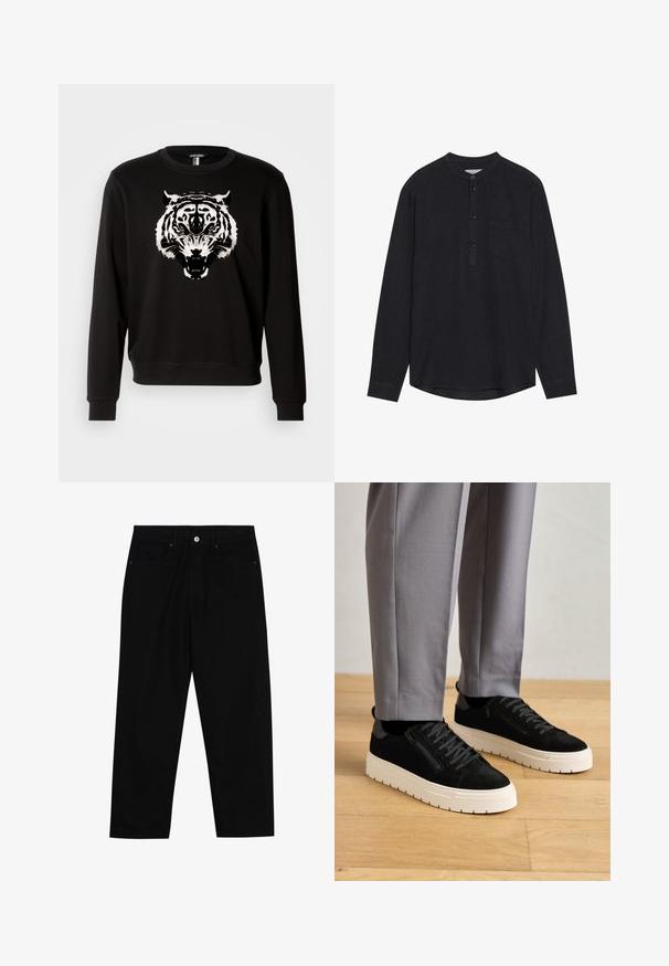 Sweat-shirt noir à manches longues avec un grand graphique de tigre blanc sur le devant. Fabriqué en coton avec un design classique à col rond.; Chemise noire à manches longues en texture denim, avec un col rond, une patte de boutonnage et une poche poitrine avant. Ourlet arrondi.; Pantalons en denim noir avec une coupe droite, un design à cinq poches et une fermeture à bouton à l'avant. Texture lisse avec des détails de couture minimaux.; Baskets en suède noir avec une texture, dotées d'une semelle en caoutchouc blanc et d'un détail de fermeture éclair décoratif sur le côté, portées avec un pantalon gris.