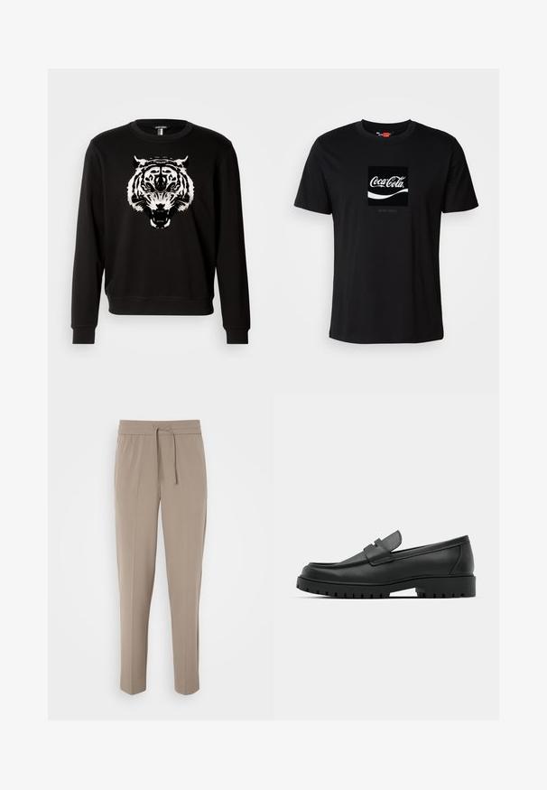Čierna mikina s dlhými rukávmi, na prednej strane s veľkým bielym grafikou tigra. Vyrobená z bavlny s klasickým dizajnom okrúhleho výstrihu.; Čierne bavlnené tričko s krátkymi rukávmi a okrúhlym výstrihom, na ktorom je biely grafický logo Coca-Cola a obdĺžnikový akcent.; Svetlo béžové nohavice s elastickým pásom, nastaviteľnou šnúrkou a zúženými nohavicami. Tkanina vyzerá hladko s jemným leskom.; Čierne kožené mokasíny s okrúhlou špičkou, s prešitým dizajnom, nízkou platformou a textúrovanou, zúbkovanou gumovou podrážkou.