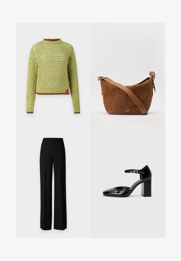 MAX&Co. PASCIA - Pulover - limette; Pantaloni negri cu picioare largi, cu o textură netedă, având o talie înaltă și pliseuri centrale. Fără modele vizibile sau detalii de hardware.; Pantofi cu toc înalt din piele lăcuită neagră, cu vârf pătrat, curea pentru gleznă și toc gros. Include detalii perforate de-a lungul marginii.; Geantă de umăr din suede maro cu un design floral embosat, completată de o curea din piele maro netedă și accente din metal auriu.