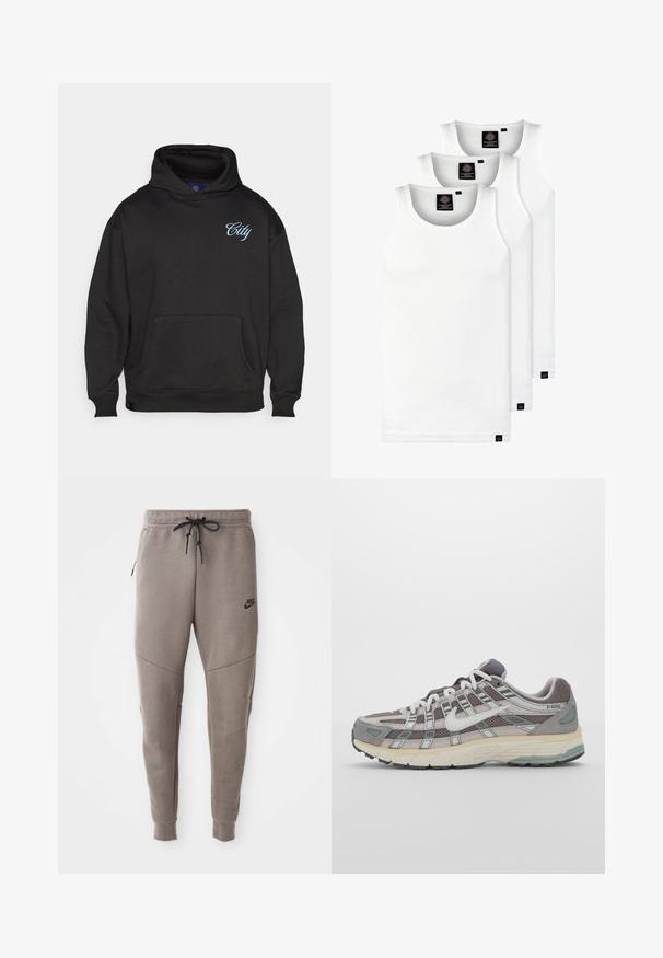 Fekete kapucnis pulóver, puha anyagból készült, elülső zsebével és kék "City" felirattal hímezve a mellkasán.; Három fehér csíkos pamut trikó. Felső része kerek nyakkivágású, és a szegély közelében kis fekete címkék találhatók. Több méretben elérhető.; Szürke Nike melegítőnadrág húzózsinórral a deréknál, keskeny lábakkal, oldalsó zsebekkel és jellegzetes varrás részletekkel. Puha, texturált anyag.; Szürke sportcipő, hálós és velúr felsőrésszel, fehér részletekkel, párnázott talppal és jellegzetes dizájnnal, amely visszaverő elemeket tartalmaz.