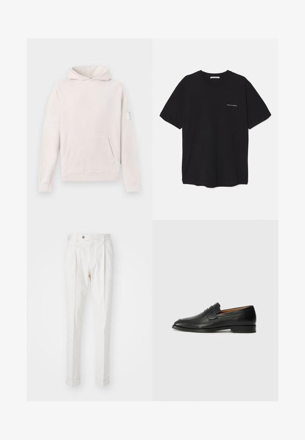 Vaaleanharmaa huppari, joka on valmistettu pehmeästä kankaasta. Hupparissa on etutasku, raglanhihat ja vasemmassa hihassa ommeltu etiketti.; Musta puuvillapaita, jossa on pyöreä kaula-aukko, lyhyet hihat ja valkoinen logopainatus vasemmassa rinnassa. Yksinkertainen, tasavärinen design.; Valkoiset, muotoillut housut, joissa on tasainen etuosa, kaksi taitetta ja käärityt lahkeet. Valmistettu sileästä kankaasta, jossa on nappisuljenta vyötäröllä.; Musta nahkainen loafer, jossa on pyöreä kärki, hienovarainen ommelkoristelu ja matala korko, joka on varustettu sileällä pinnalla ja minimalistisella designilla.