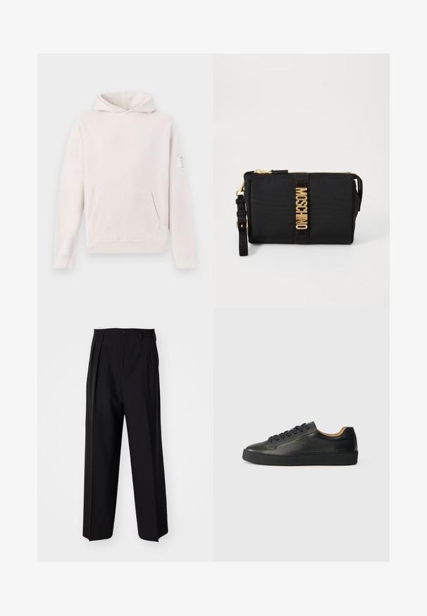 Hele halli kapuuts, mis on valmistatud pehmest kangast, esikotis, raglanvarrukatega ja vasakus varrukas on õmmeldud silt.; Mustad volditud püksid sirge ja laia säärega disainiga. Valmistatud siledast kangast, millel on nuppudega sulgemine ja vööaasad.; Mustad mustade nahast madalad sneakersid tekstureeritud pinnaga, mustade paeltega ja paksu kummitaldaga, kujutatud külgvaates heledal taustal.; Must musta nahkkluttš, millel on kuldne riistvara ja keskel logo triip. Sisaldab eemaldatavat rihma ja tõmblukuga sulgemist turvaliseks kasutamiseks.