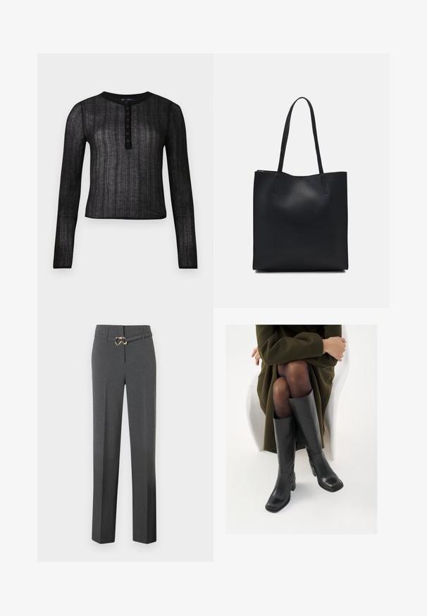 Zwarte top met lange mouwen van semi-doorzichtig materiaal met een ribbelstructuur, voorzien van een ronde halslijn en een knoopsluiting met zes knopen.; Donkergrijze op maat gemaakte damesbroek met rechte pijpen en een dunne bijpassende riem met een goudkleurige gesp.; Knieschijf hoge zwarte leren laarzen met een vierkante neus en blokhak, getoond met een model dat zit in een olijfgroene jas. Gladde textuur, minimale details.; Zwarte leren handtas met een gladde textuur, rechthoekige vorm en twee lange handvaten. Geen zichtbare hardware of versieringen.