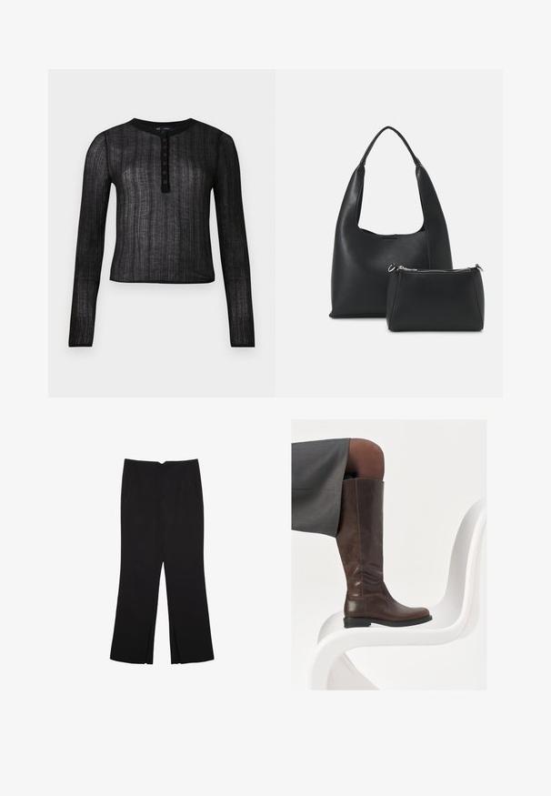 Črn dolg rokav vrhnji del iz polprosojnega materiala z rebrastim vzorcem, s krožno ovratnikom in zapenjanjem na šest gumbov.; Črne hlače ravnega kroja z naglavnimi žepi in stranskimi razporki na robu. Narejene iz mehke, gladke tkanine. Primerne za različne priložnosti.; Rjave usnjene škornje do kolen z zaobljenim nosom, gladko teksturo in minimalnimi šivi, postavljeni na svetlo ozadje na belem stolu.; Even&Odd Torbica - black