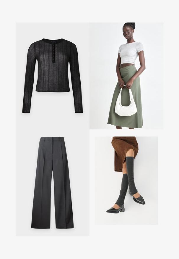 Juoda ilgarankovė palaidinė, pagaminta iš pusiau permatomo audinio su rausvu raštu, pasižyminti apvaliu iškirpimu ir šešiais sagų kilpomis.; Tamsiai pilkos plačios kojos kelnės, turinčios aukštą liemenį, vieną raukšlę ir sklandžią tekstūrą su tvarkingais kraštais.; Juodi lakuoti odiniai batai su aštriu kuma ir bloko kulnu, derinami su pilkais riebiais kojų šildytuvais ir rudais zomšiniais sijonais.; Pilka juostuota trumpa palaidinė ir alyvuogių žalios spalvos aukšto liemens sijonas. Modelis laiko baltą petį krepšį su išpjovomis. Paprastas dizainas, prigludusi siluetas.