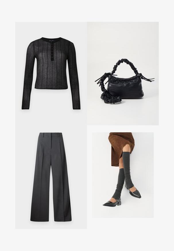 Black long-sleeve top made of semi-sheer material with a ribbed texture, featuring a round neckline and six button placket.; Wide-leg trousers in dark gray fabric, featuring a high waist, single pleats, and a smooth texture with a clean finish at the hems.; Black patent leather pointed-toe shoes with a block heel and ankle strap, paired with gray ribbed leg warmers and a brown suede skirt.; Black faux leather handbag with a crocodile texture, cinched top, and a scrunched strap. Appears soft and compact in design.