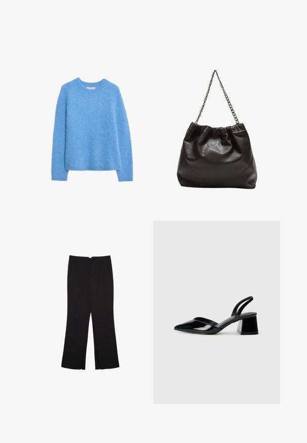 Jasnoniebieski, puszysty sweter z dzianiny, z okrągłym dekoltem, długimi rękawami i ściągaczami. Miękka tekstura z luźnym krojem i płaskim dołem.; Czarne spodnie o prostym kroju, z przednimi kieszeniami i bocznymi rozcięciami na dole. Wykonane z miękkiego, gładkiego materiału. Odpowiednie na różne okazje.; Czarne lakierowane półbuty na obcasie z wydłużonym noskiem i geometrycznym słupkiem. Charakteryzują się eleganckim, minimalistycznym designem oraz gładką fakturą.; Brązowa skórzana torba z marszczonym szczytem i łańcuszkowym paskiem. Gładka tekstura z błyszczącym wykończeniem i subtelnymi detalami szwów po bokach.
