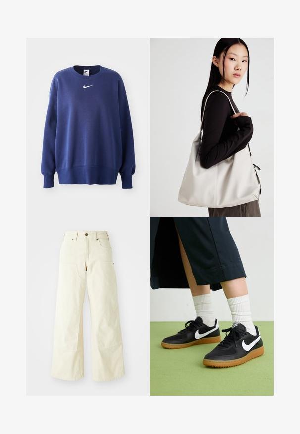 Mørkeblå hettegenser med lange ermer, rund hals, ribbede mansjetter og hem. Har en liten hvit Nike-logo på brystet. Myk tekstur.; Beige vide bukser laget av bomull, med høy midje, store frontlommer og en jevn tekstur med minimale sømdetaljer.; Sorte lær- og syntetiske joggesko med hvit Nike swoosh, gummisåle, rund tå og sorte lisser. Ribbet hvite sokker synlige.; Beige håndveske laget av mykt materiale, med en slapp design, sydd detaljer og to skulderstropper. Passer for daglig bruk.