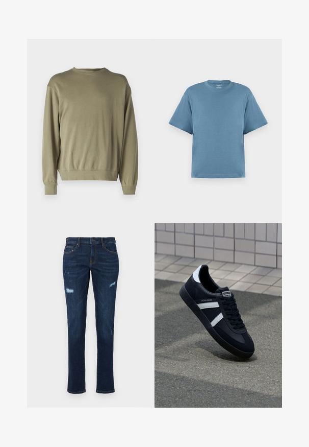 Olivovo zelená mikina s dlhým rukávom vyrobená z mäkkej zmesi bavlny. Má okrúhly výstrih a rebrované manžety s voľným strihom.; Modrá krátkorychlá pánska tričko, vyrobené z bavlny, s okrúhlym výstrihom a voľným strihom. Hladká textúra, minimalistický dizajn, bez vzorov alebo akcentov.; Tmavomodré džínsy s rovnými nohavicami, so zničenými otvormi na kolenách, tradičnými vreckami a viditeľným kontrastným šitím.; Čierne kožené tenisky s bielymi pruhmi, textúrovanou gumovou podrážkou a šnurovaním vpredu. Obsahujú označenie značky na jazyku.