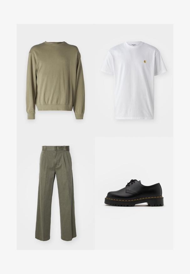 Olíva zöld, hosszú ujjú pulóver puha pamut keverékből. Kerek nyakkivágása és bordázott mandzsettái vannak, laza szabású.; Fehér pamut póló rövid ujjakkal, kerek nyakkal, bal mellel egy kis arany logóval. Puha tapintású és normál fazonú.; Olívazöld nadrág, laza, széles lábakkal és elülső redők kialakítással. Texturált anyagból készült, standard derékrésszel és látható fémalkatrészek nélkül.; Fekete bőr, fűzős cipő lekerekített orral, texturált gumitalppal és sárga varrással az alján. Lapos design és sima felület.