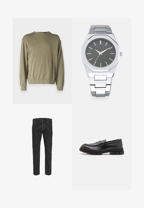 Olive green, long-sleeve sweatshirt made of soft cotton blend. Features a round neckline and ribbed cuffs with a relaxed fit.; Black denim jeans with a straight leg design, five pockets, and belt loops, featuring a slightly faded texture and contrast stitching.; Black leather loafers with a smooth finish, featuring a front strap detail and a chunky rubber sole with grooved accents.; Silver analog watch with an octagonal case, gray dial, silver hour markers, and a stainless steel link bracelet. Minimalist design with smooth texture.