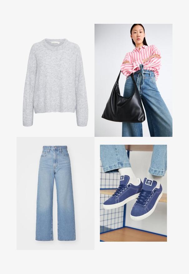 Pull en tricot gris au fit décontracté, col rond et manches longues. Texture douce avec de légères variations de teinte.; Jean large taille haute bleu clair avec bouton et fermeture éclair à l'avant, poches avant et arrière, sur fond blanc.; Baskets Adidas bleu marine en suède, avec des semelles en caoutchouc blanc, des bouts ronds et un patch logo sur la languette. Chaussettes blanches éclatantes visibles.; Sac à épaule en cuir noir avec une forme décontractée et des détails de couture. Le modèle porte une chemise rayée rose et blanche avec un jean bleu à jambes larges.